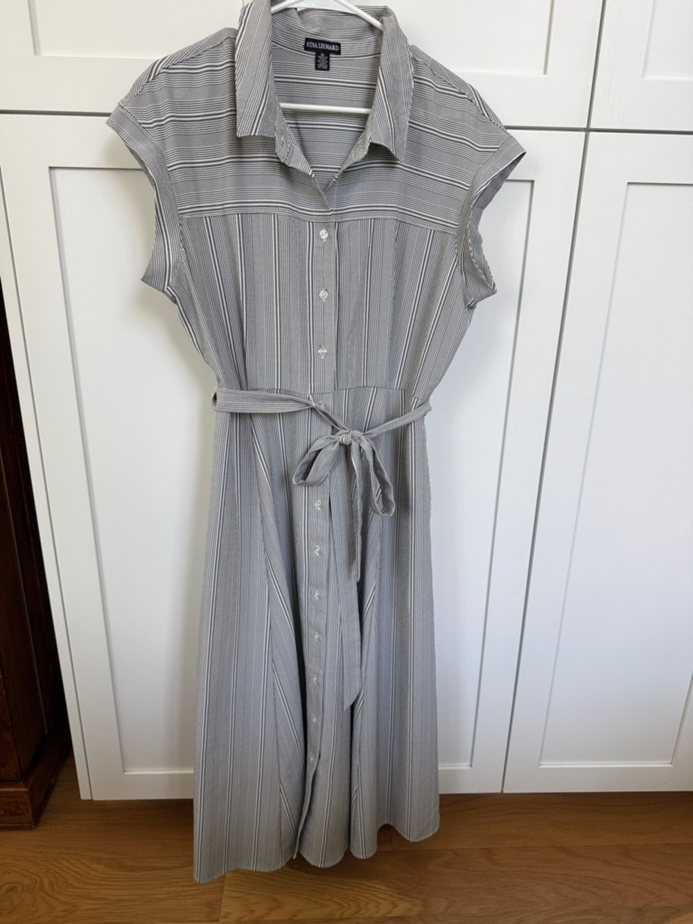 Nina Leonard Gray Striped Button-Front Maxi Dress with Tie Waist